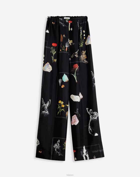 Lanvin sievietes zīda bikses ar apdrukātām platām kājām 40LF463 apģērbs melns