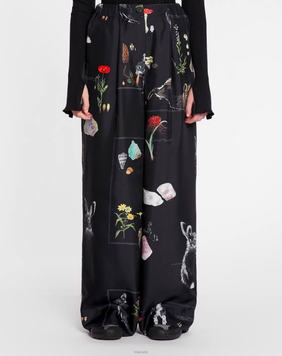 Lanvin sievietes zīda bikses ar apdrukātām platām kājām 40LF463 apģērbs melns