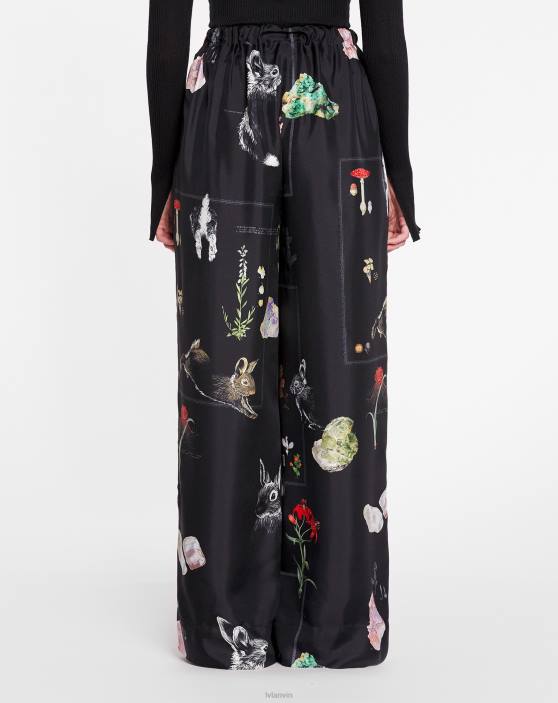 Lanvin sievietes zīda bikses ar apdrukātām platām kājām 40LF463 apģērbs melns