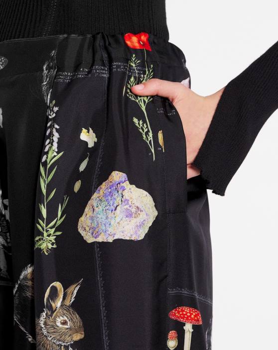 Lanvin sievietes zīda bikses ar apdrukātām platām kājām 40LF463 apģērbs melns