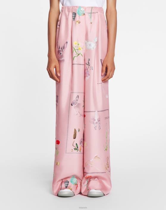 Lanvin sievietes zīda bikses ar apdrukātām platām kājām 40LF464 apģērbs rozā