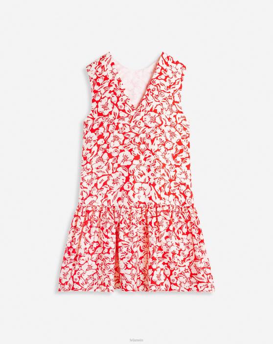 Lanvin sievietes Apdrukāta zīda pinuma kleita bez piedurknēm ar apaļu kakla izgriezumu ar volāniem 40LF60 apģērbs magoņu sarkans