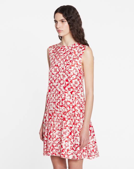 Lanvin sievietes Apdrukāta zīda pinuma kleita bez piedurknēm ar apaļu kakla izgriezumu ar volāniem 40LF60 apģērbs magoņu sarkans