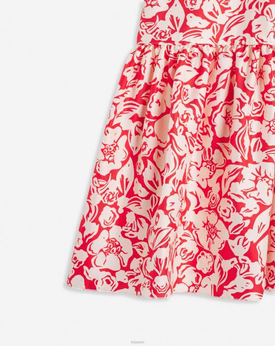 Lanvin sievietes Apdrukāta zīda pinuma kleita bez piedurknēm ar apaļu kakla izgriezumu ar volāniem 40LF60 apģērbs magoņu sarkans