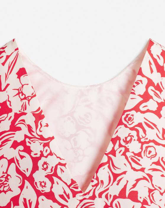 Lanvin sievietes Apdrukāta zīda pinuma kleita bez piedurknēm ar apaļu kakla izgriezumu ar volāniem 40LF60 apģērbs magoņu sarkans