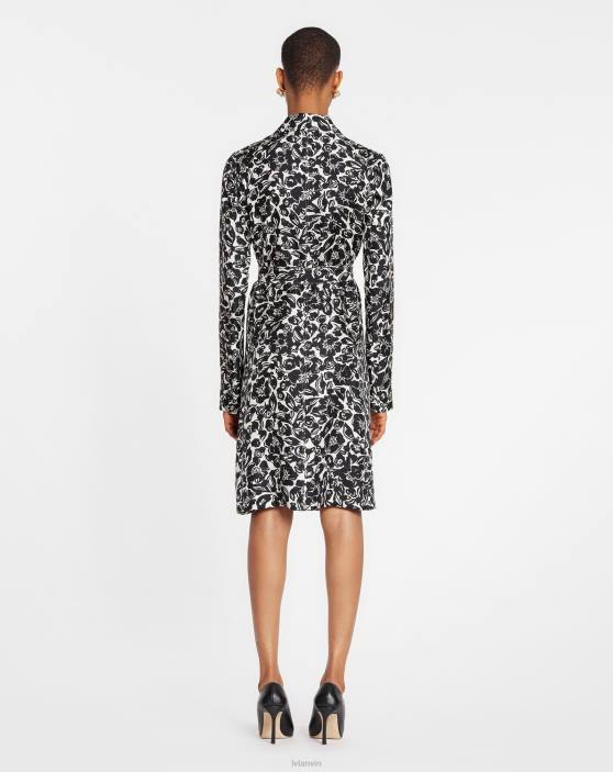 Lanvin sievietes Midi kleita ar ziedu apdruku ar garām piedurknēm 40LF58 apģērbs melns