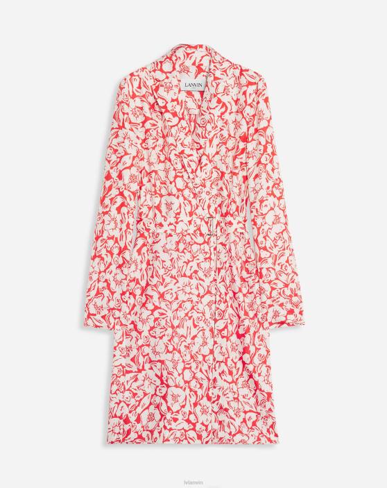 Lanvin sievietes Midi kleita ar ziedu apdruku ar garām piedurknēm 40LF59 apģērbs magoņu sarkans