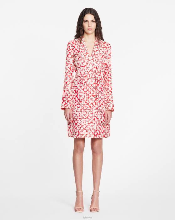 Lanvin sievietes Midi kleita ar ziedu apdruku ar garām piedurknēm 40LF59 apģērbs magoņu sarkans