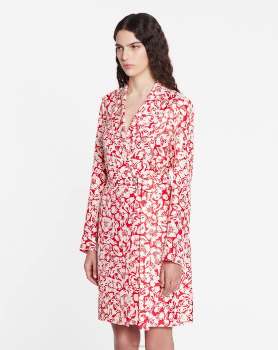 Lanvin sievietes Midi kleita ar ziedu apdruku ar garām piedurknēm 40LF59 apģērbs magoņu sarkans