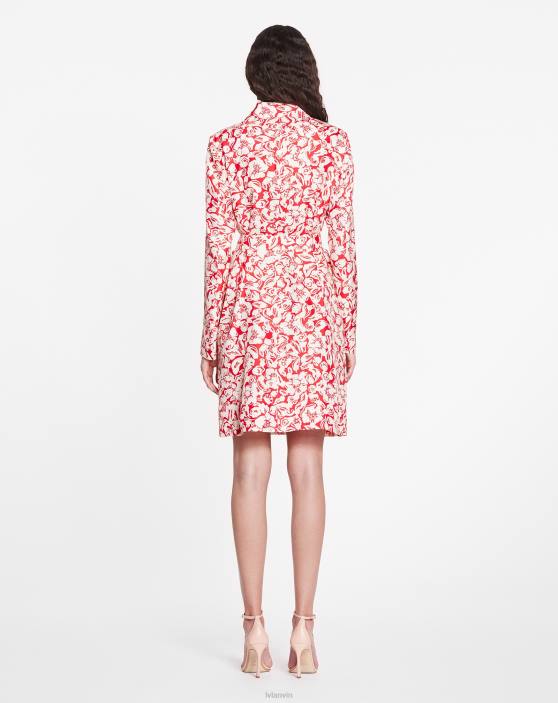 Lanvin sievietes Midi kleita ar ziedu apdruku ar garām piedurknēm 40LF59 apģērbs magoņu sarkans
