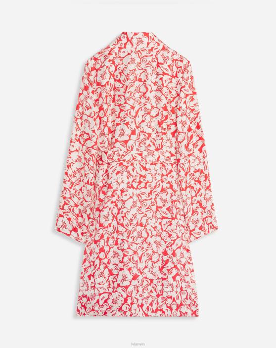 Lanvin sievietes Midi kleita ar ziedu apdruku ar garām piedurknēm 40LF59 apģērbs magoņu sarkans