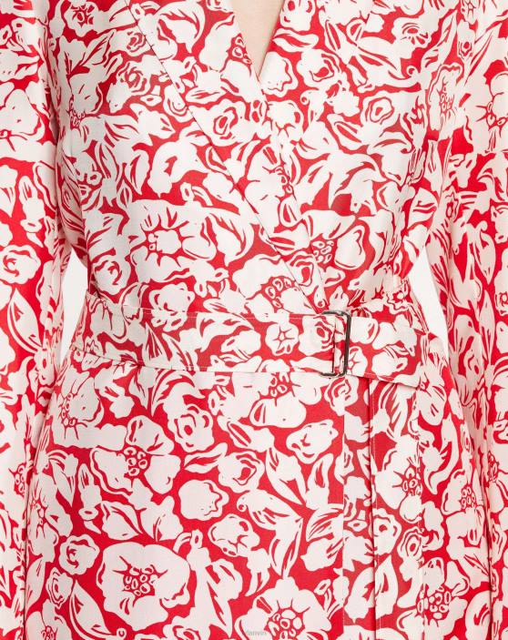 Lanvin sievietes Midi kleita ar ziedu apdruku ar garām piedurknēm 40LF59 apģērbs magoņu sarkans