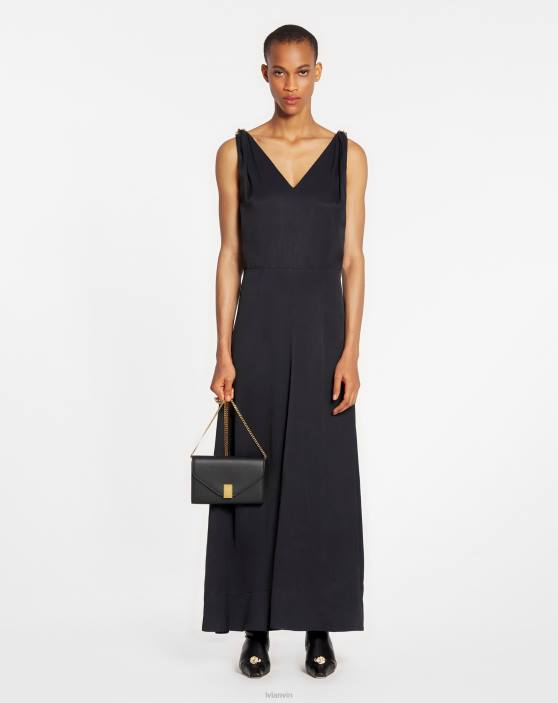 Lanvin sievietes Satīna midi kleita bez piedurknēm v kakla izgriezumā 40LF55 apģērbs melns