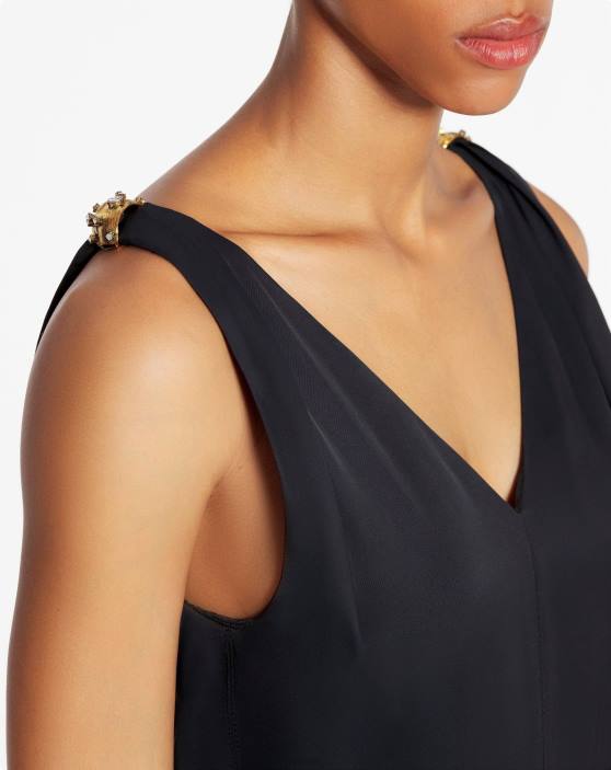 Lanvin sievietes Satīna midi kleita bez piedurknēm v kakla izgriezumā 40LF55 apģērbs melns