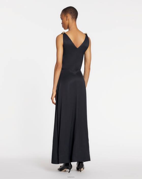 Lanvin sievietes Satīna midi kleita bez piedurknēm v kakla izgriezumā 40LF55 apģērbs melns