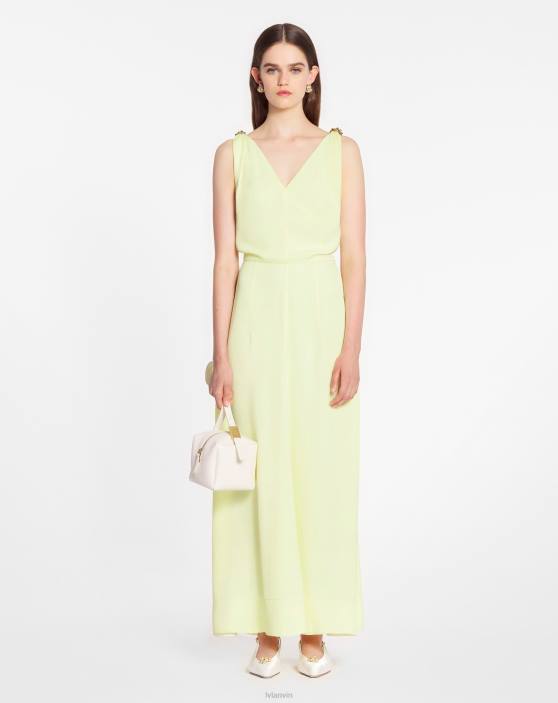 Lanvin sievietes Satīna midi kleita bez piedurknēm v kakla izgriezumā 40LF67 apģērbs citronu