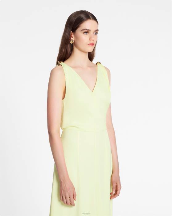 Lanvin sievietes Satīna midi kleita bez piedurknēm v kakla izgriezumā 40LF67 apģērbs citronu