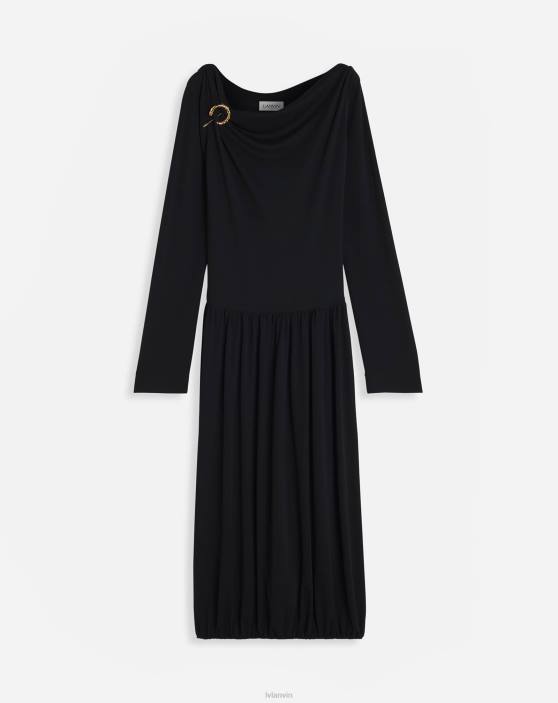 Lanvin sievietes asimetriska augšdaļa ar garām piedurknēm drapēta midi kleita no šķidrā krepa 40LF54 apģērbs melns