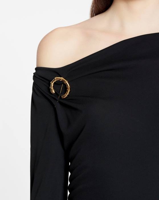 Lanvin sievietes asimetriska augšdaļa ar garām piedurknēm drapēta midi kleita no šķidrā krepa 40LF54 apģērbs melns