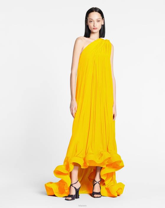 Lanvin sievietes gara charmeuse asimetriska goda kleita 40LF62 apģērbs saulespuķe