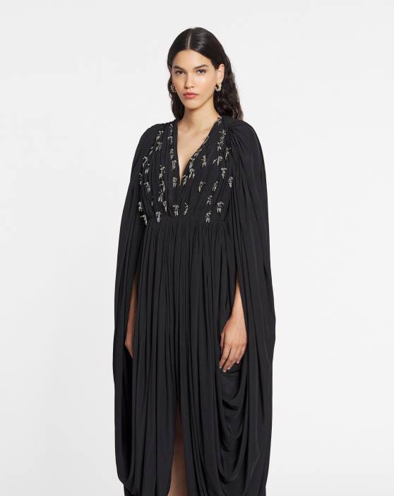 Lanvin sievietes gara drapēta kleita ar izšuvumiem 40LF43 apģērbs melns