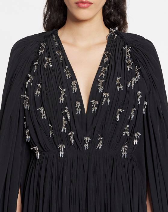 Lanvin sievietes gara drapēta kleita ar izšuvumiem 40LF43 apģērbs melns