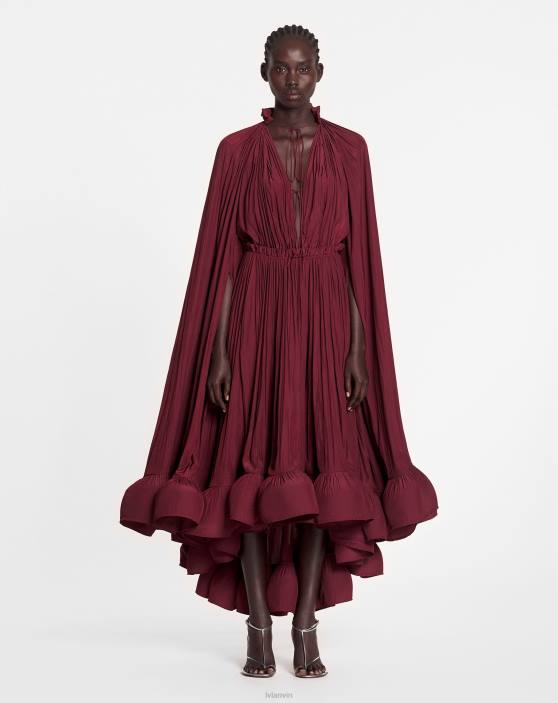 Lanvin sievietes gara volānu kleita šarmiežā 40LF84 apģērbs bordo
