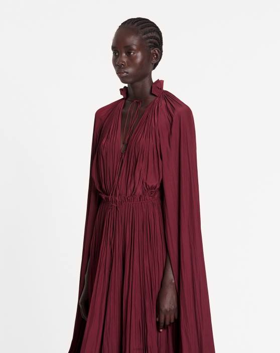 Lanvin sievietes gara volānu kleita šarmiežā 40LF84 apģērbs bordo