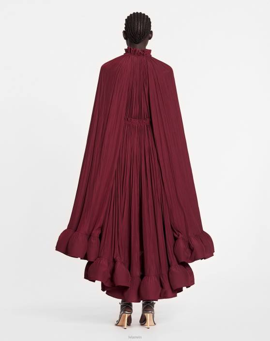 Lanvin sievietes gara volānu kleita šarmiežā 40LF84 apģērbs bordo