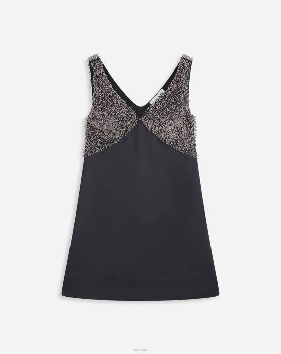 Lanvin sievietes liela siksna v kakla izšūta satīna kleita 40LF50 apģērbs melns