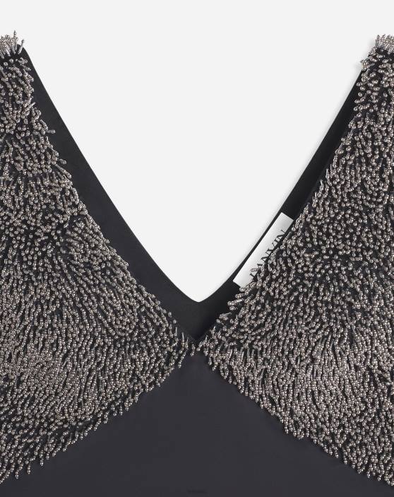 Lanvin sievietes liela siksna v kakla izšūta satīna kleita 40LF50 apģērbs melns