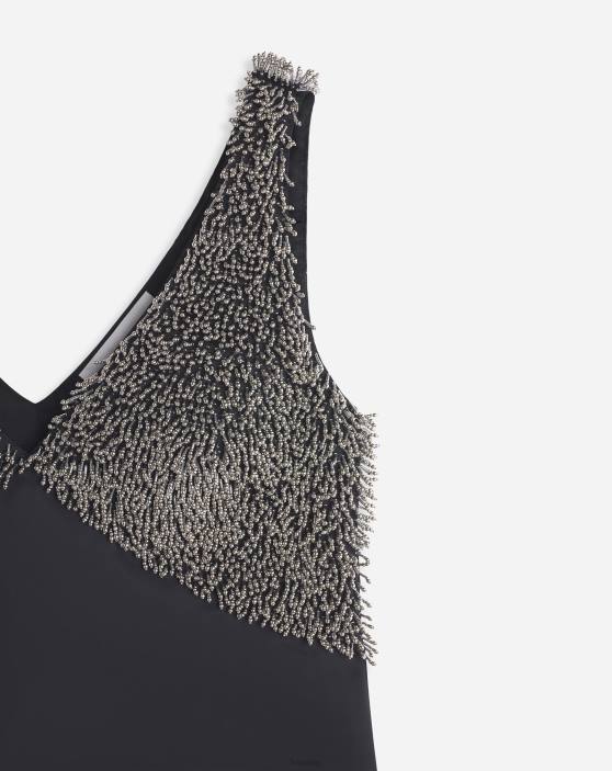 Lanvin sievietes liela siksna v kakla izšūta satīna kleita 40LF50 apģērbs melns