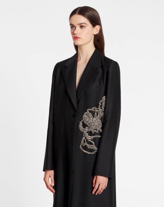 Lanvin sievietes vienrindas pielāgots vilnas zīda mētelis ar izšuvumu 40LF486 apģērbs melns