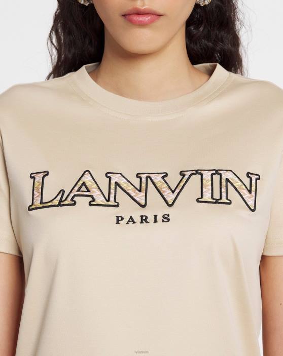 Lanvin sievietes klasisks apmales izšūts t-krekls 40LF99 apģērbs smiltis
