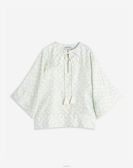 Lanvin sievietes Apdrukāta zīda tops ar atvērtu kakla elkoņu piedurknēm 40LF20 apģērbs salvija