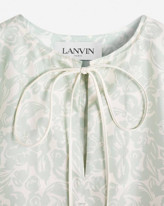 Lanvin sievietes Apdrukāta zīda tops ar atvērtu kakla elkoņu piedurknēm 40LF20 apģērbs salvija