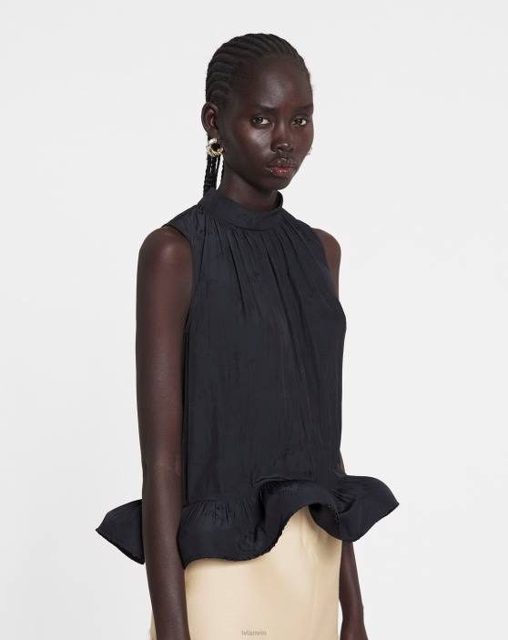 Lanvin sievietes Charmeuse žakarda tops bez piedurknēm 40LF2 apģērbs melns