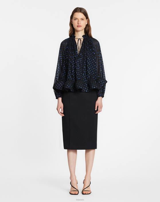 Lanvin sievietes Charmeuse blūze ar apdruku ar garām piedurknēm 40LF35 apģērbs melns/tumši zils
