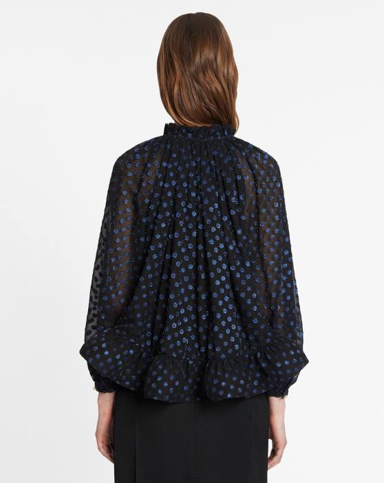 Lanvin sievietes Charmeuse blūze ar apdruku ar garām piedurknēm 40LF35 apģērbs melns/tumši zils