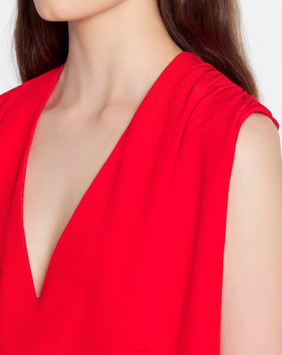 Lanvin sievietes V izgriezuma augšdaļa bez piedurknēm 40LF32 apģērbs magoņu sarkans