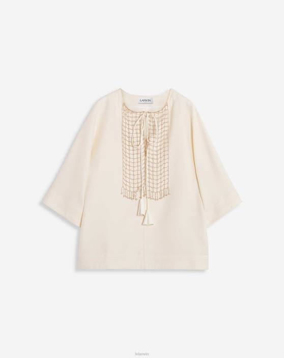 Lanvin sievietes ar atvērtu kakla izšūtu topiņu 40LF11 apģērbs gandrīz balts