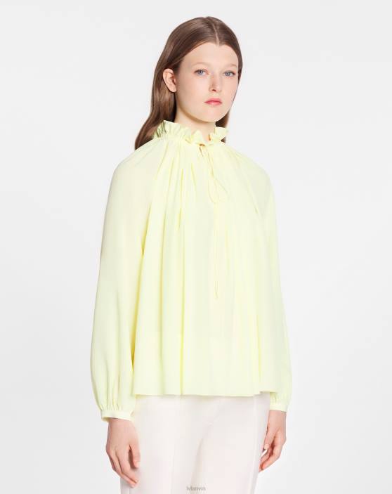 Lanvin sievietes gaiša zīda blūze ar garām piedurknēm ar atvērtu kaklu un volāniem 40LF29 apģērbs citronu