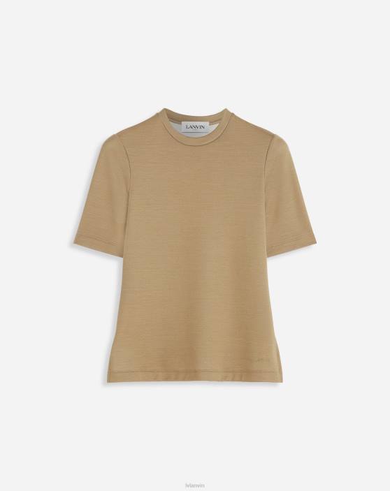 Lanvin sievietes pieguļošs vilnas un zīda tops ar atvērtu kaklu ar īsām piedurknēm 40LF40 apģērbs kamielis