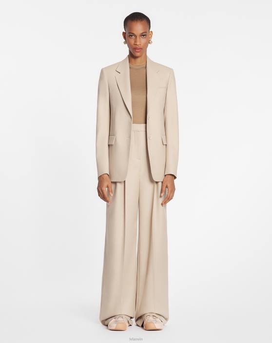 Lanvin sievietes pieguļošs vilnas un zīda tops ar atvērtu kaklu ar īsām piedurknēm 40LF40 apģērbs kamielis