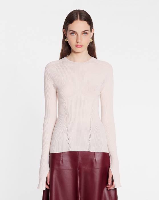 Lanvin sievietes rievotu tops ar apaļu apkakli garām piedurknēm no zīda un kašmira 40LF39 apģērbs gaiši rozā