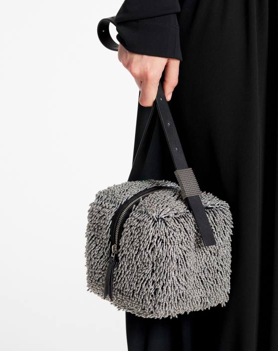 Lanvin sievietes tempo ar izšūtu ādas somu 40LF161 Piederumi sudraba/melna