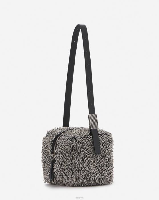 Lanvin sievietes tempo ar izšūtu ādas somu 40LF161 Piederumi sudraba/melna