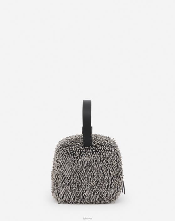 Lanvin sievietes tempo ar izšūtu ādas somu 40LF161 Piederumi sudraba/melna