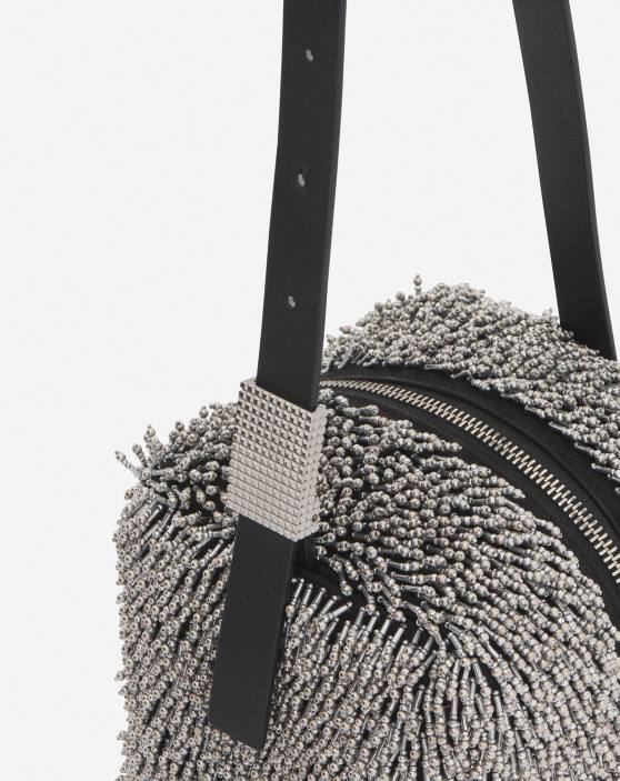 Lanvin sievietes tempo ar izšūtu ādas somu 40LF161 Piederumi sudraba/melna