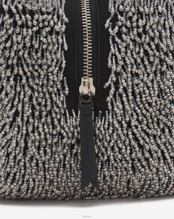 Lanvin sievietes tempo ar izšūtu ādas somu 40LF161 Piederumi sudraba/melna